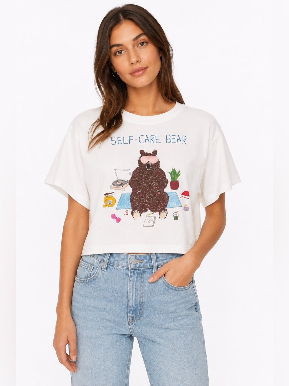 NWT Unfortunate Portrait Self-Care Bear Graphic Tee White Cropped S Rare